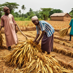 **A vibrant Ujamaa scene in a Nigerian village:** Farmers working together to harvest crops, sharing the harvest fairly, with a sense of community and cooperation. Use warm, earthy tones and a realistic style.