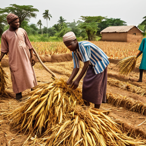 Home 11 **A vibrant Ujamaa scene in a Nigerian village:** Farmers working together to harvest crops, sharing the harvest fairly, with a sense of community and cooperation. Use warm, earthy tones and a realistic style.