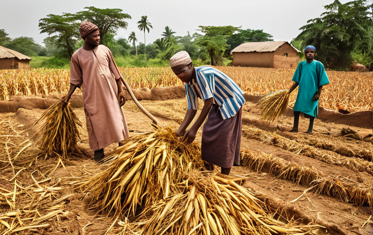 **A vibrant Ujamaa scene in a Nigerian village:** Farmers working together to harvest crops, sharing the harvest fairly, with a sense of community and cooperation. Use warm, earthy tones and a realistic style.