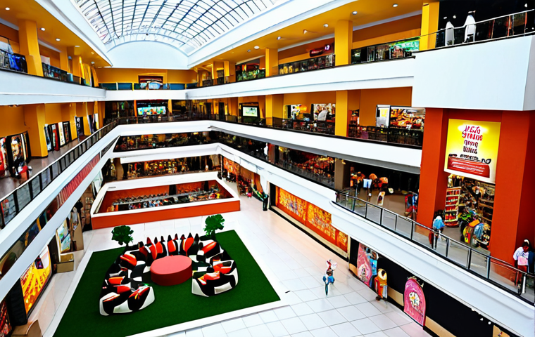 **Prompt for The Palms Shopping Mall:**
"A bustling, modern shopping mall interior in Lagos, Nigeria, showcasing diverse international and local retail stores, a vibrant food court with various cuisines, a lively cinema entrance, and a dedicated children's play area. Emphasize a clean, spacious, and air-conditioned environment with natural light."